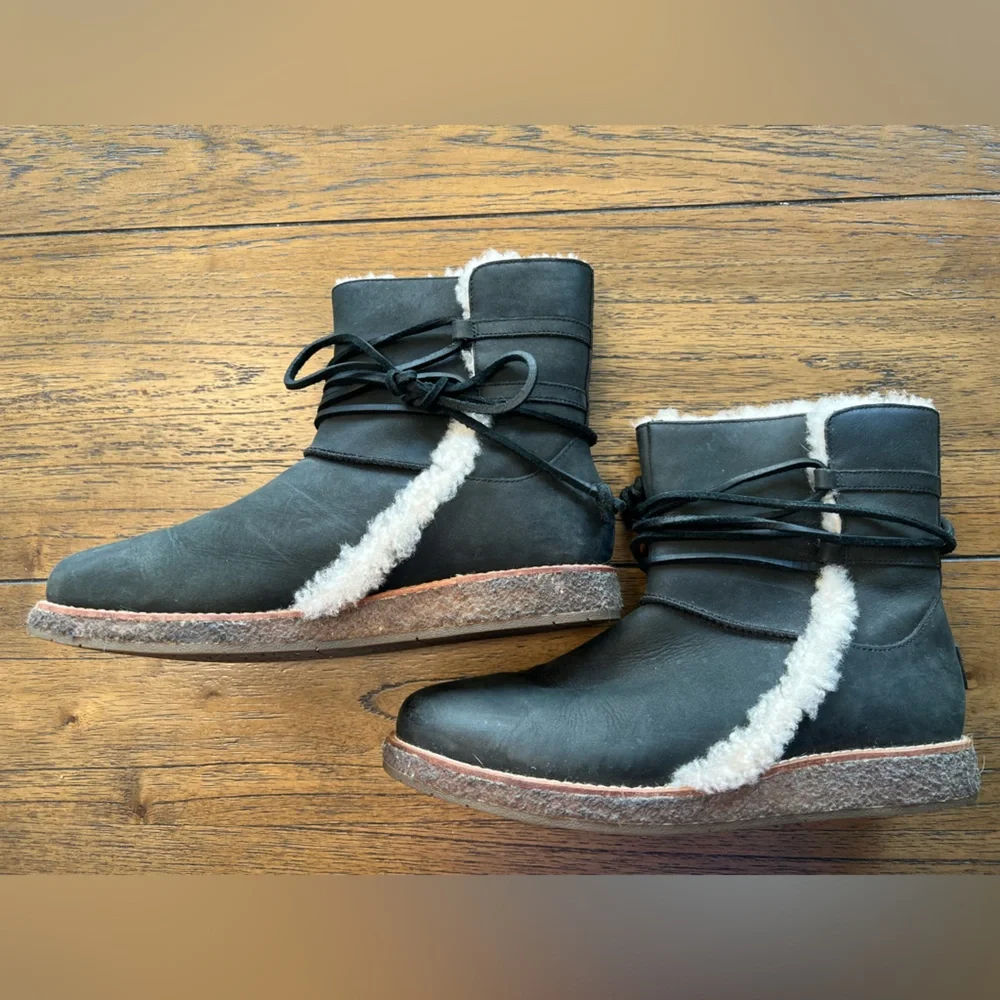 UGG Women’s Size 8 Luisa Water Resistant Black Leather Shearling Boots #1012545 - Picture 3 of 8